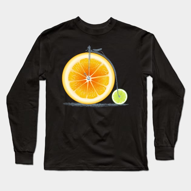 Vintage Orange Lime Bike with Retro Cycle Frame Look and Orange and Green Citrus Wheels, where you sit on Top of Orange Long Sleeve T-Shirt by Olloway